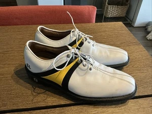 FootJoy Men's Size 9 ICON Leather Golf Shoes Opti Flex 2 Black White Yellow - Picture 1 of 18