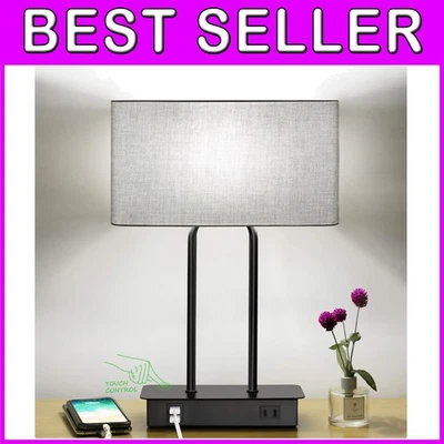 Abajur de cabeceira de tecido cinza com 3 níveis de brilho - Imagem 1 de 4