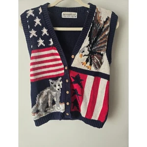 VTG Eagles Eye American Flag Hand Knit Chunky Sweater Vest Women's Size M - Picture 1 of 7