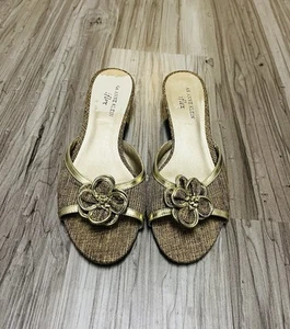 Ak Anne Klein iFlex Brown/Gold Open Toe Kitten Heels Size 8.5 - Picture 1 of 8