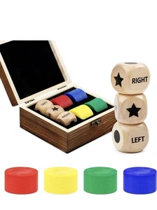Links Rechts Mitte Würfelspiel Set mit 3 Würfeln 48 Chips in Holzbox - Bild 1 von 4