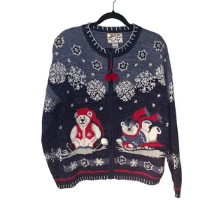 Cardigan maglione orso polare natalizio donna vintage taglia L full zip pompon - Foto 1 di 8
