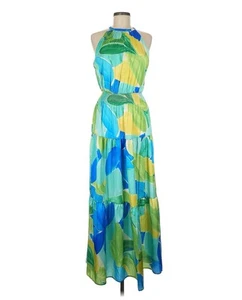 Vestido Nicole Miller Mujer Mediano Maxi Halter Verde Tropical Botánico Cóctel - Imagen 1 de 6