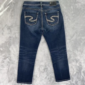 Pantalones de mezclilla plateados para mujer W28 Suki lavado oscuro punto grueso bordado pierna recta  - Imagen 1 de 9