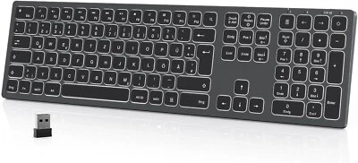 Tastatur Beleuchtete Funktastatur Kabellos mit Weißer LED QWERTZ für PC C336 - Bild 1 von 4