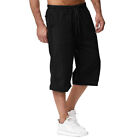 Mens Cotton Linen Cargo Shorts 3/4 Length Elasticated Waist Capri Cropped Pants
