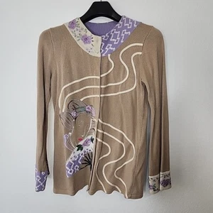 Storybook Knits M Asian Inspired Cardigan Purple Tan Geisha Fan Grandmacore - Picture 1 of 12