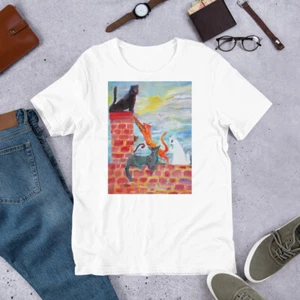 Camiseta UNISEX - CINCO GATOS EN EL TECHO - pintura al óleo - camisa ropa gato callejero - Imagen 1 de 6