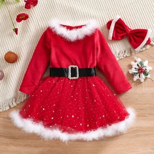 Kids Baby Girl Christmas Outfit Xmas Fleece Dress Velvet Mrs Santa Claus AU - Picture 1 of 17