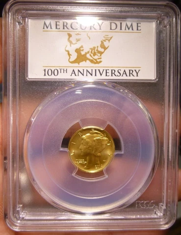 2016-W 10C MERCURY DIME CENTENNIAL FIRST STRIKE  ISSUE 1/10 OZ. GOLD PCGS SP70 Cover