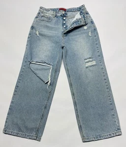 Light Wash Baggy Loose Ripped Thrashed Button Fly Jeans Womens L 29x25.5 Grunge - Picture 1 of 19