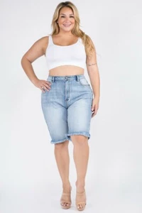 PLUS SIZE HIGH WAIST BERMUDA DENIM SHORTS - Picture 1 of 5
