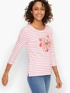 Ladies Talbots Peony Pink Floral Striped 3/4 Sleeves Scoop Neck Top Size PXL - Picture 1 of 6