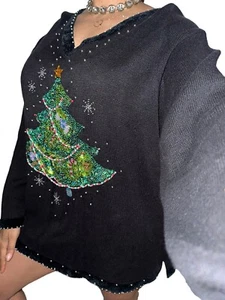 Quacker Factory Christmas Tree Sweater Beaded Sequin Black Jeweled Plus 1X 18 - Picture 1 of 4