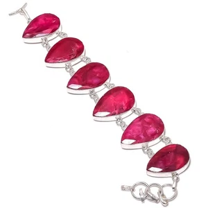 Kashmir Ruby (Simulated) Gemstone 925 Sterling Silver Bracelet 7-8" Love Gift o3 - Picture 1 of 6