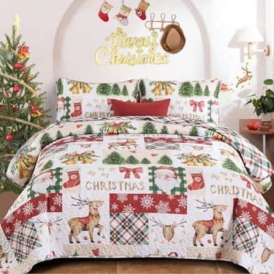 Christmas Quilt Set King Beige Patchwork Reindeer Santa Claus Rustic  - Image 1 of 4