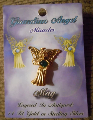 ANGEL Birthstone Crystal Lapel Pin Brooch 14kt Gold on SS -MAY GREEN - USA - Image 1 of 4