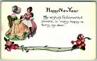 Happy New Year Tea Party Ribbon Flowers Poem 1915 DB Postcard G12