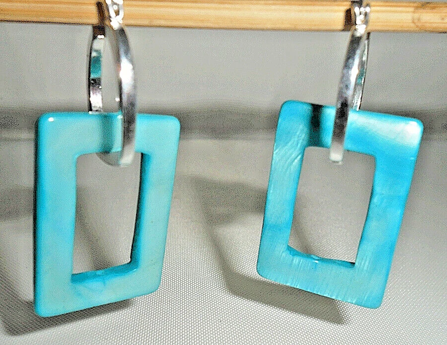 925 Sterling Silver Natural Shell Hoop Drop Dangle Earrings ~ Turquoise  ~ E0098 - Image 1 of 1