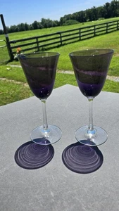 Pair Amethyst Purple Wine Glasses Clear Stems 7.5" Elegant Vintage Barware Set - Picture 1 of 5
