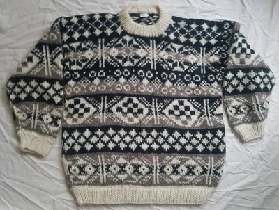 Thick Wool Black Geometric Crew Neck Pullover Sweater - XL Mens Ski Nepal - Image 1 of 4