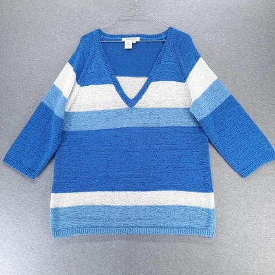 Suéter Coldwater Creek Feminino 1X Azul Branco Listrado Decote V Manga 3/4 Pulôver - Imagem 1 de 4