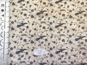 Vintage Navy Blue Peacock Floral on Cream Cotton Fabric 1.75 Yards - Picture 1 of 1