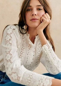 Sezane Rym Shirt XS 34 Sheer Crochet Lace Trim Ivory Cotton Top Blouse NEW 42191 - Picture 1 of 10
