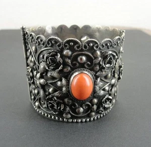 Elserio Vintage Coral Roses 800 Silver Cuff Wide Bracelet Italian Etruscan - Picture 1 of 8