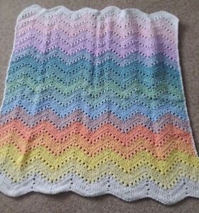 NEW Handmade Baby Afghan Blanket Chevron Crochet Knit Pastel Rainbow 40"X 38"