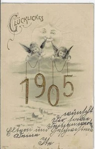 Postal de felicitación de año nuevo alemán 1905 sol sonríe en 2 ángeles - Imagen 1 de 2