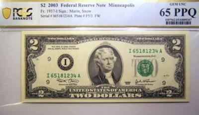 2003 $2 Federal Reserve Note PCGS 65 PPQ Marin, Snow - Image 1 of 2