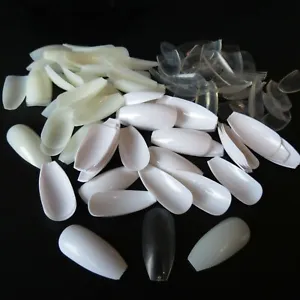 500 Medium Ballerina Coffin Full Cover False Nails Natural White Clear - Picture 1 of 4