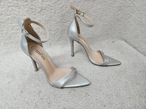 Boohoo Women Heels 8 Silver Leather Buckle Ankle Strap Open Toe Sandals Shoes - Picture 1 of 20