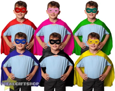 CHILDS SUPER HERO CAPE + MASK FANCY DRESS UNISEX BOYS GIRLS CLOAK ROBE ACCESSORY - Image 1 of 4