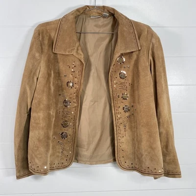 Jaqueta Chicos Feminina 3 (XL) Couro Camurça Marrom Bordado Lantejoulas Western Boho - Imagem 1 de 4