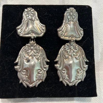 Vintage Earrings Victorian Revival Layered Repousse Silver .925 Clip On - Image 1 of 4