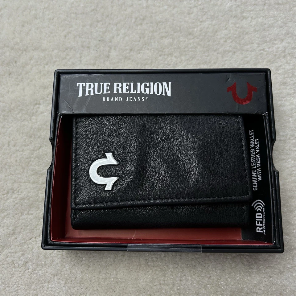 Cartera True Religion para hombre de cuero negro estuche para tarjetas RFID Maximus triple Foto 1 de 4