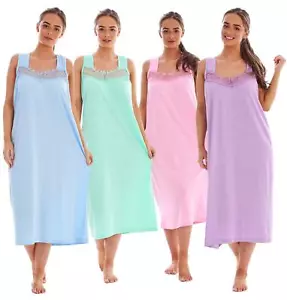 Ladies Sleeveless Nightdress Lace Trim Long Nightgown Soft Cotton Sleepwear - Picture 1 of 25