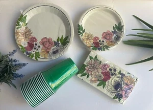 Floral Birthday Party Dinner/Dessert Plates Cups Napkins Party Supplies - Picture 1 of 6