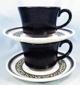 2 Mantilla Cup & Saucers Mt Clemens Pottery Black Lace Yellow Vintage Dinnerware - Picture 1 of 4