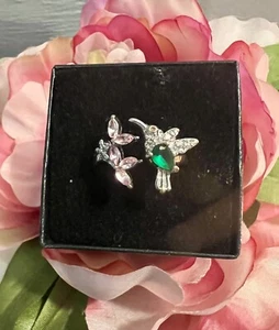 Fashion Women Rhinestone Green Hummingbird Bird Pink Flowers Ring Adjustable - Picture 1 of 3