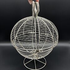 Primitive French Metal Wire Mesh Antique Egg Basket Retractable Lid & Handles