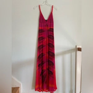 Desigual Marcela Mesh Maxi Dress Small Fuchsia Red Leaf Print Slip Cami Empire - Picture 1 of 15