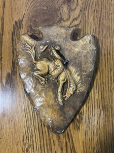 Arrowhead Shaped 3D Cowboy Riding Bucking Bronco Plaster Wall Hanging 7” X 5.25” - Picture 1 of 11
