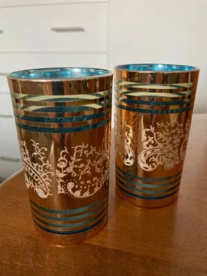DOS vasos de barra corona dinastía vintage con pan de oro y vidrio azul 6 oz Foto 1 de 4