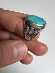 Anello Vintage Navajo Turchese Argento Sterling Misura 11,75 Thunderbird Ornato - Foto 1 di 23