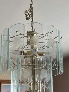 Lampadario a sospensione vintage pannelli vetro smussato ottone 2 livelli 8 lampadine - Foto 1 di 3