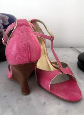 N.Y.L.A. ZAPATOS MUJER TACÓN ALTO CORREA TOBILLO CUÑA ROSA 7.5 B Muy Cómodos Foto 1 de 3