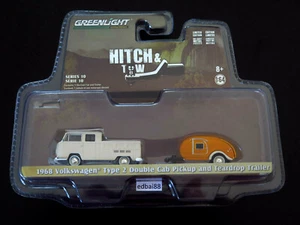 Greenlight 1968 Volkswagen Type 2 Double Cab Pickup & Teardrop Trailer Die-cast - Picture 1 of 4